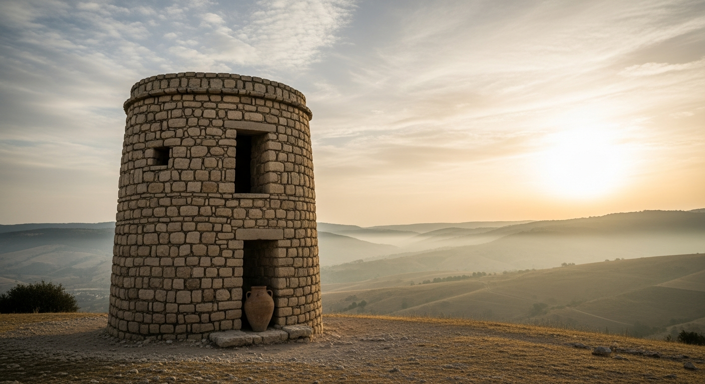 Stone watchtower on a Judean hillside at dawn with morning mist in the valleys, prayerful courage and perseverance of waiting faithfully on God