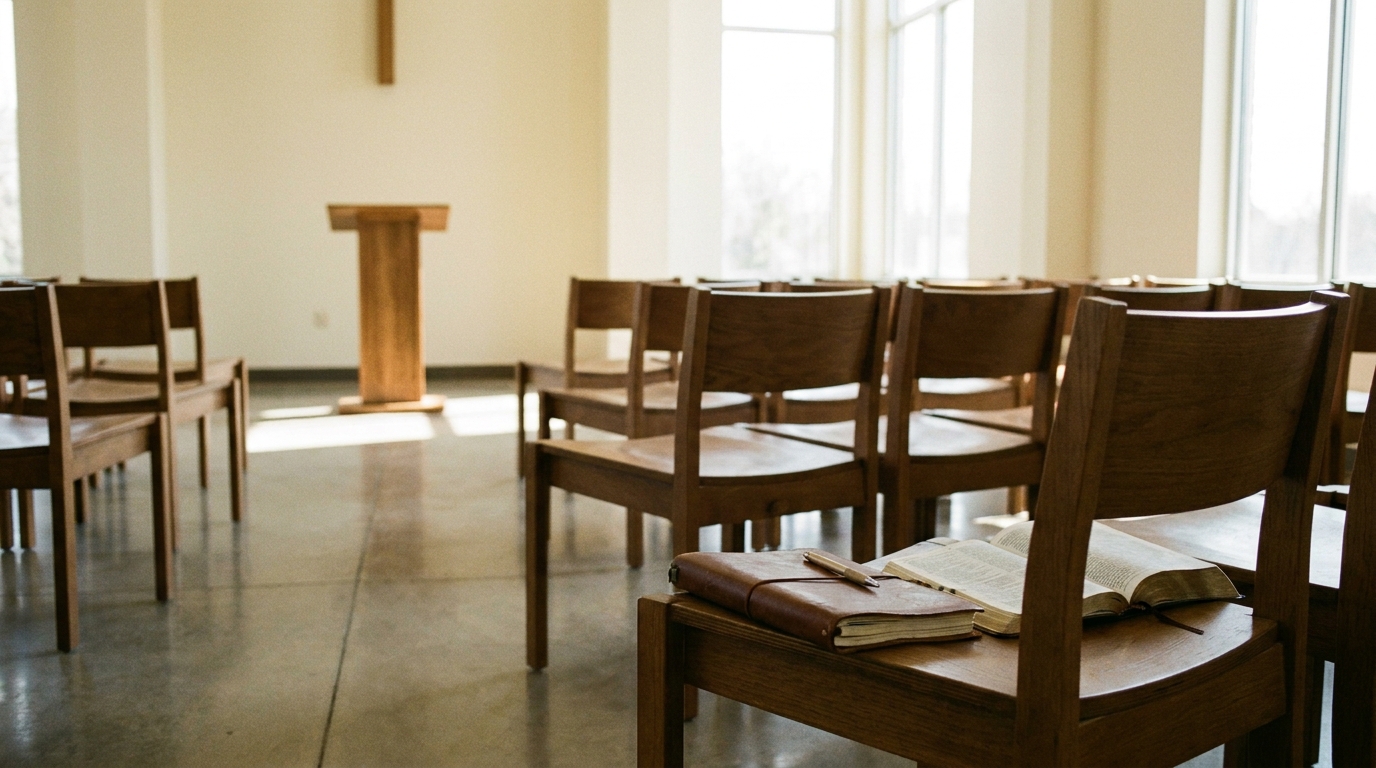 An empty church sanctuary in bright morning light, with a closed notebook, a pen and an open Bible resting on a chair in the foreground