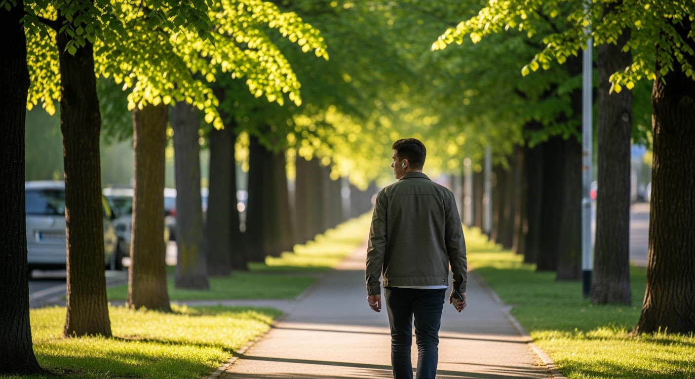 Young believer walking outdoors with earbuds and smartphone, engaging with the Doxa encouragement app for faith-based spiritual conversations on the go