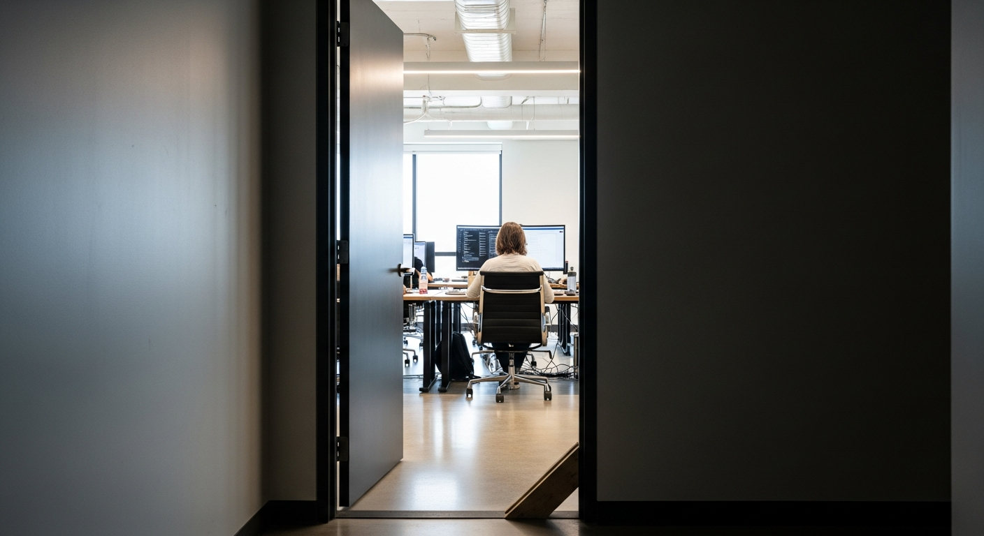 Bright natural light flooding through an open doorway from a dim office corridor into a sunlit workspace, capturing believers dropping the divide between faith and everyday work