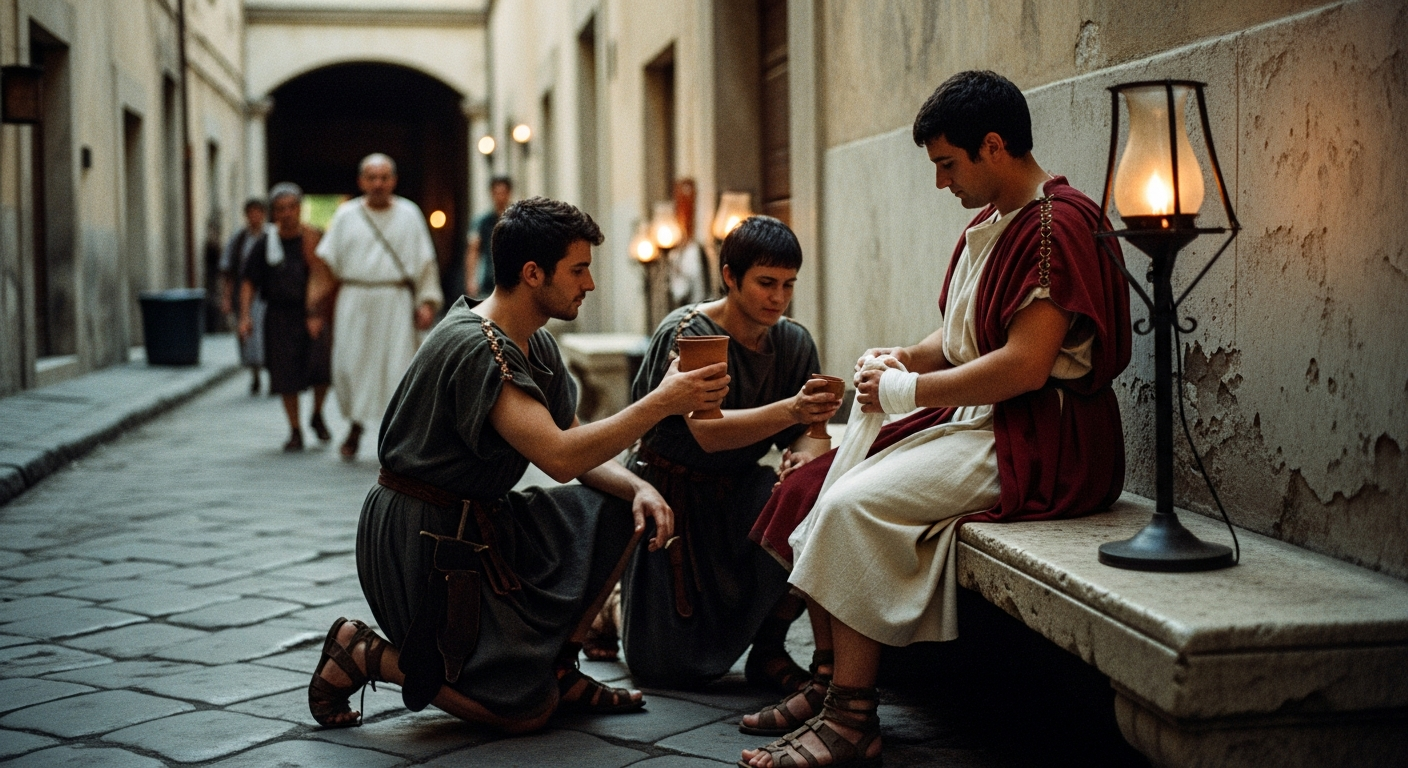 Early church believers kneeling to care for the sick on a 1st century Roman street at dusk, choosing costly love and serving the vulnerable in faith