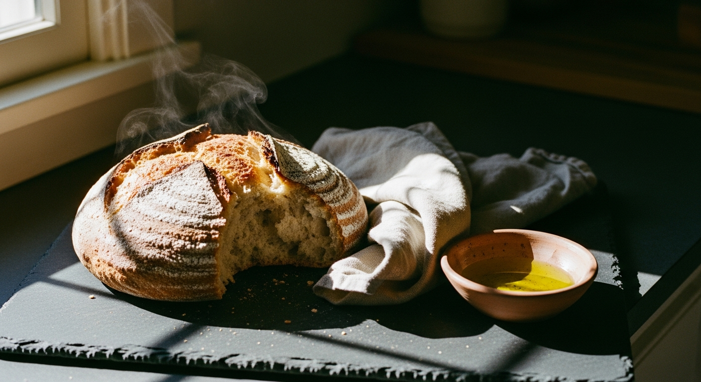 Rustic sourdough loaf broken open on dark slate with steam rising in morning light, daily spiritual nourishment from God's word and presence