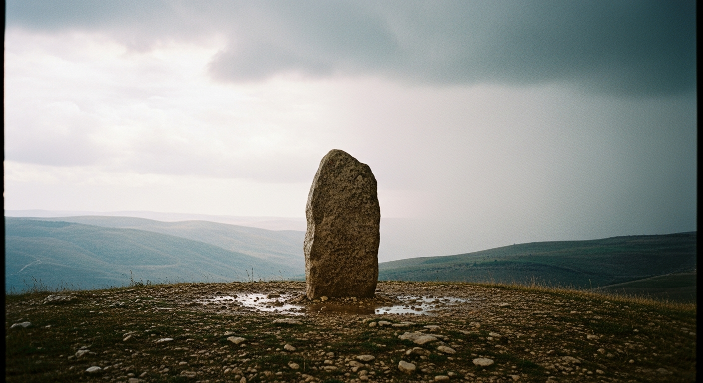 Samuel's Ebenezer stone marker standing alone on a hilltop after rain, faith practice of remembering God's faithfulness through memorial stones