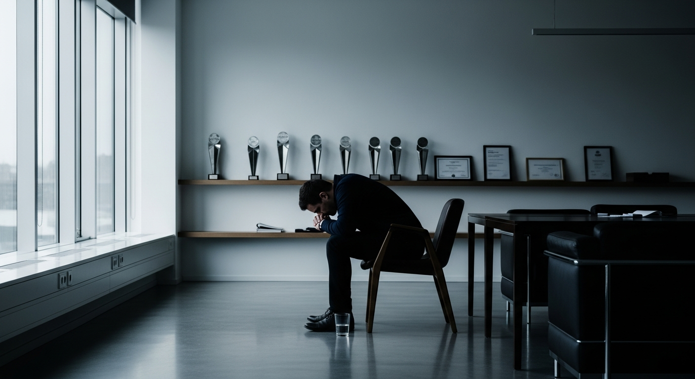 Man sitting alone in a dim room with business awards on a shelf behind him, searching for meaning beyond achievement through faith in God