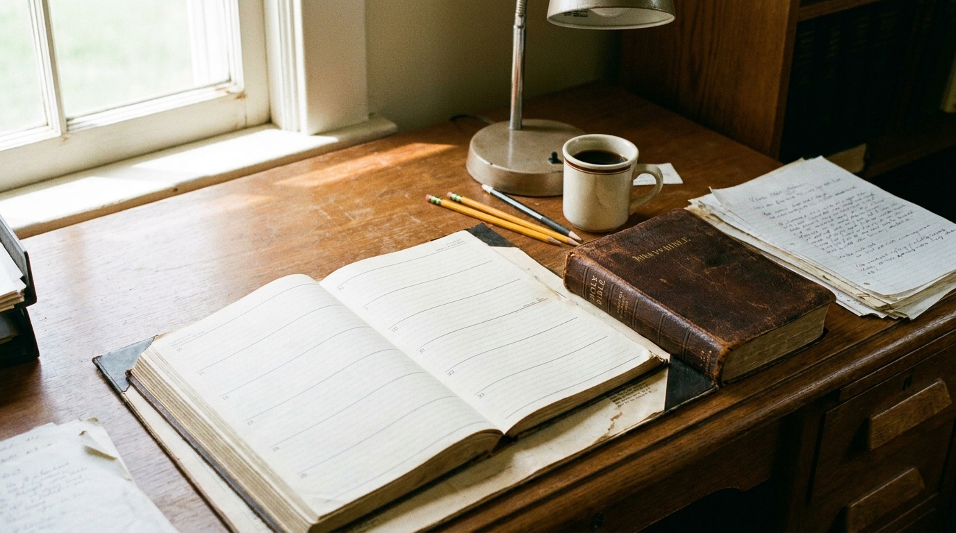 A church office desk with a desk calendar, an open Bible, handwritten pastoral notes and a mug of coffee in soft window light