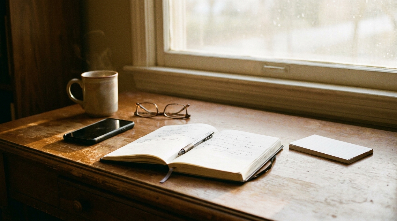 A phone resting on a wooden desk showing a short text message about to be sent, warm morning light through a window, candid documentary style