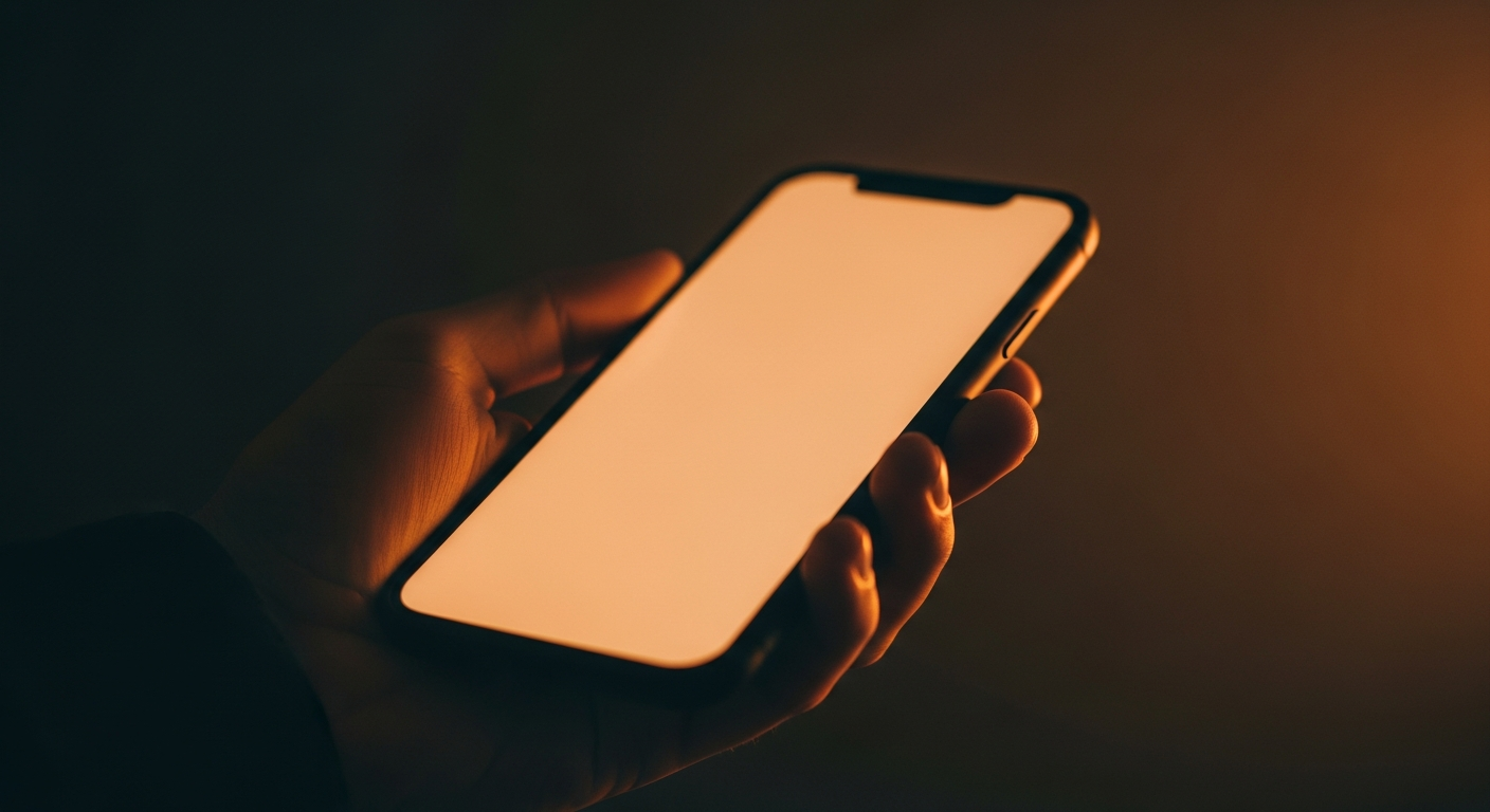 A phone glowing softly in a shadowed hand, warm amber accent light
