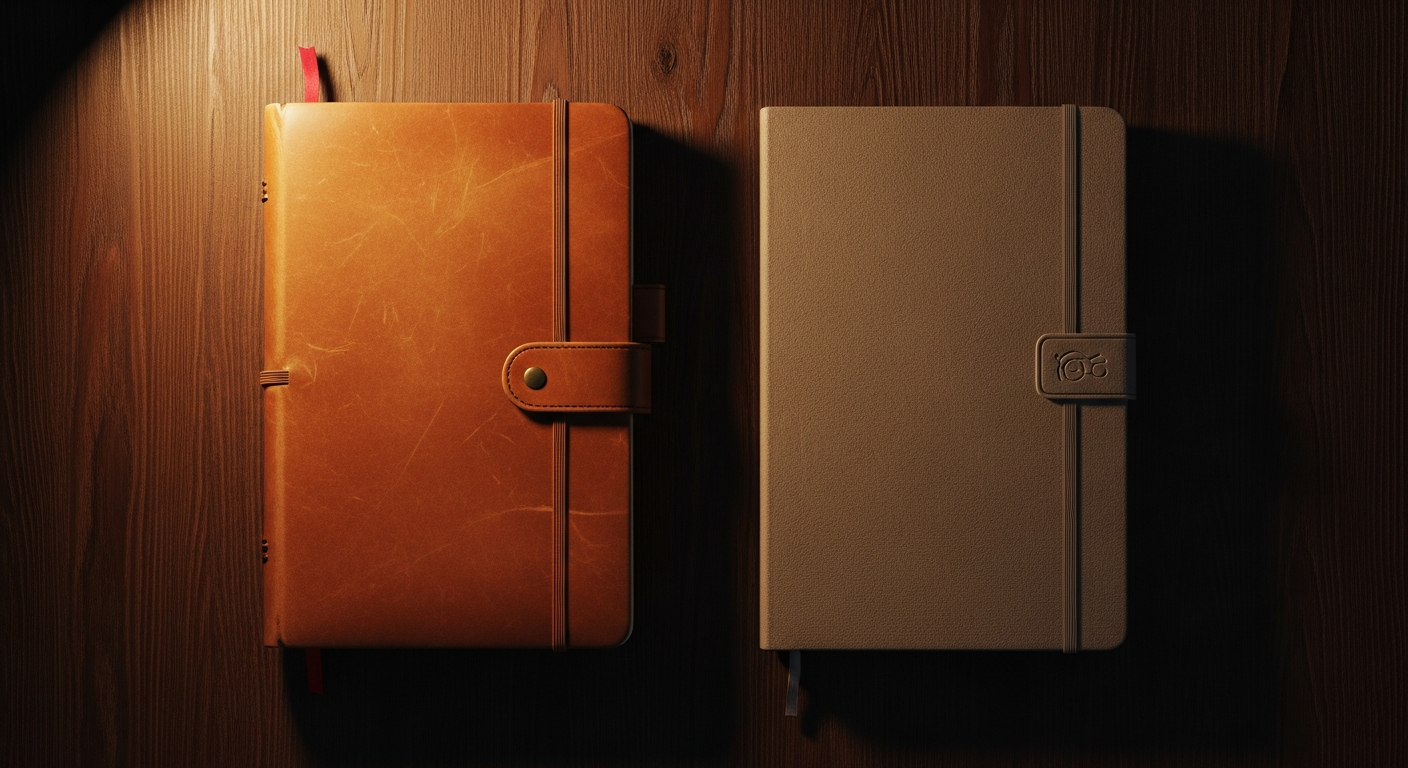 Two notebooks side by side on a dark wooden desk in warm lamplight