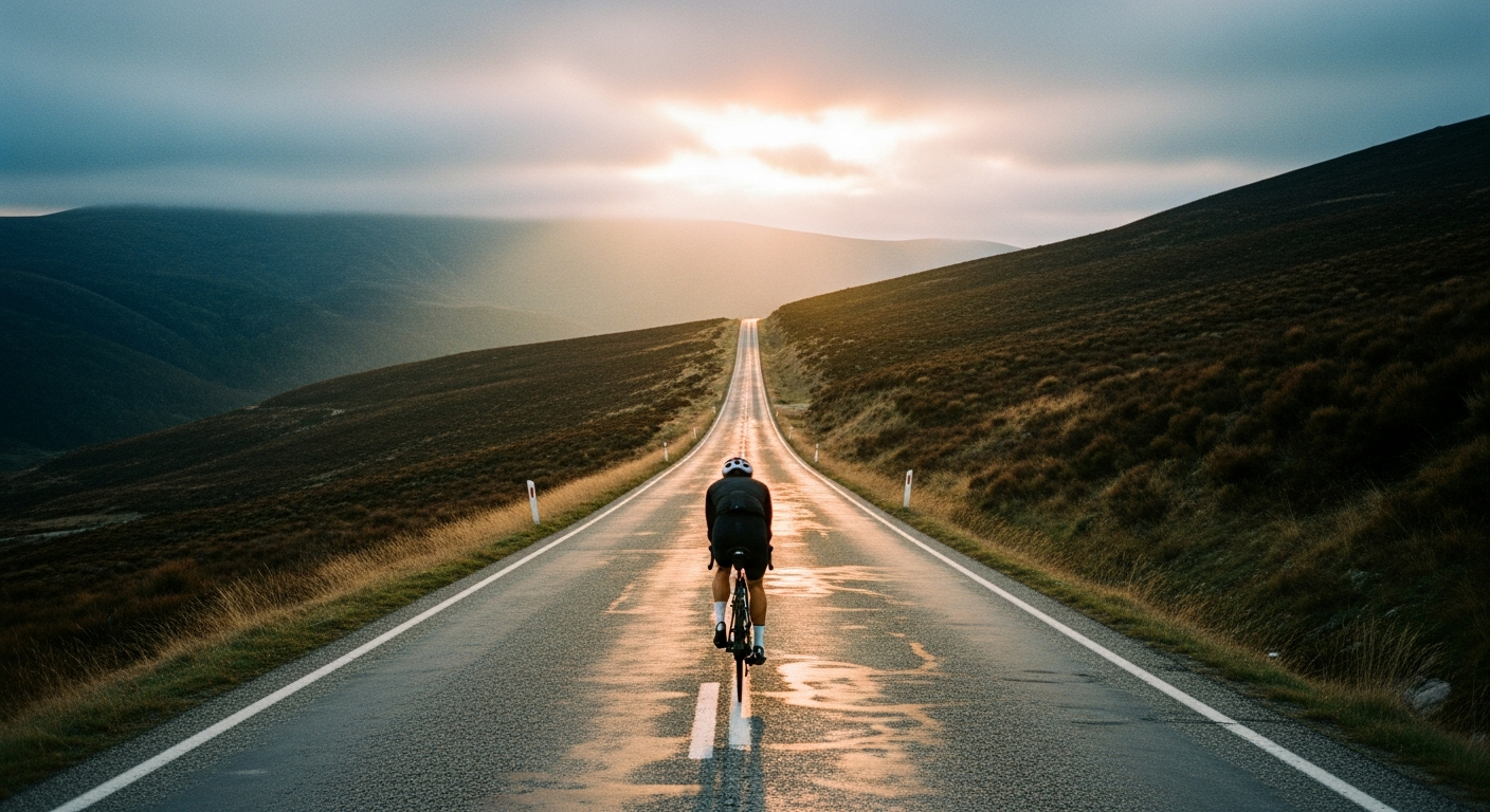 A solitary cyclist grinding up a long mountain climb at golden hour, capturing the endurance and perseverance that faith and remembering God's words provide