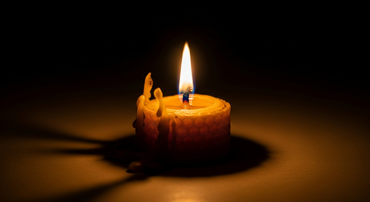 Single beeswax candle burning steadily in total darkness with wax dripping down the sides, enduring love that outlasts suffering and silences fear