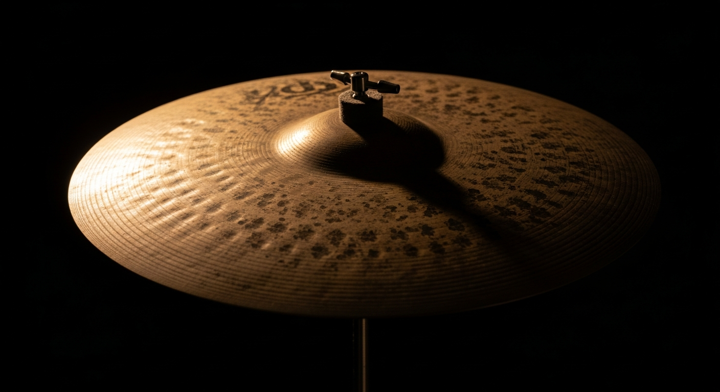 Ancient bronze cymbal vibrating in a spotlight against darkness, spiritual gifts and eloquence without love becoming empty noise according to scripture
