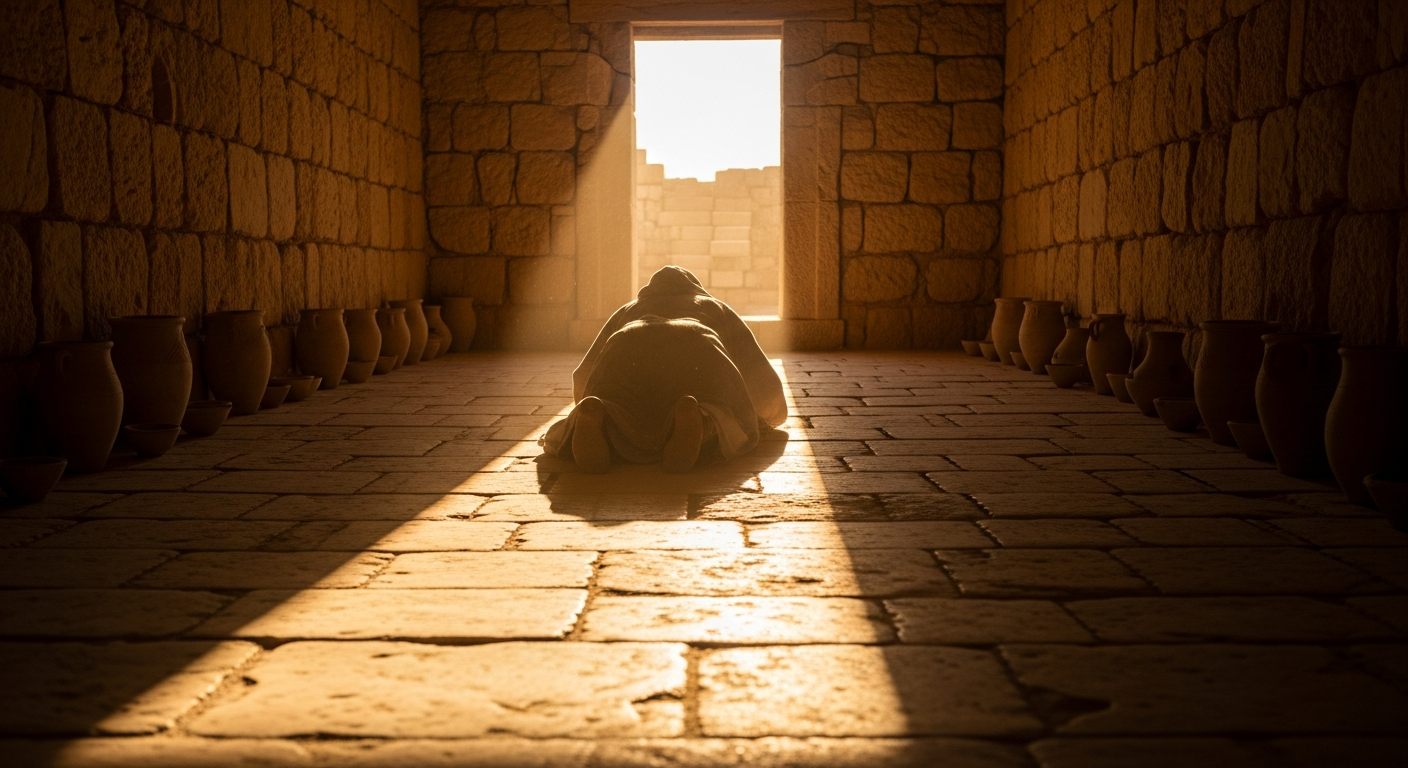 Figure lying facedown on ancient temple floor as golden light floods through the eastern doorway, Ezekiel's worship before God's glory