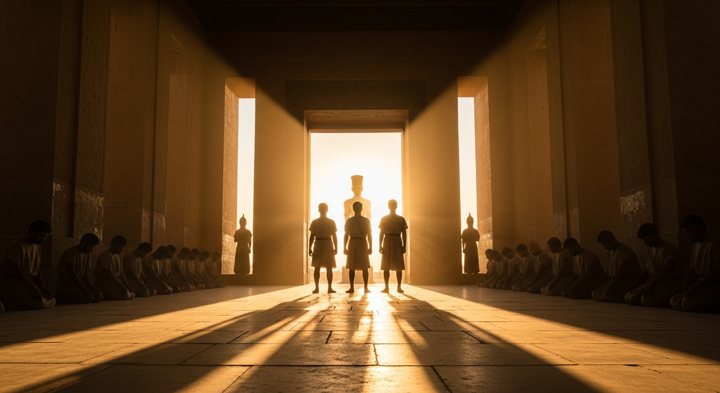 Three believers stand while others kneel before a golden idol in an ancient Persian palace, choosing faith and courage over safety and political allegiance