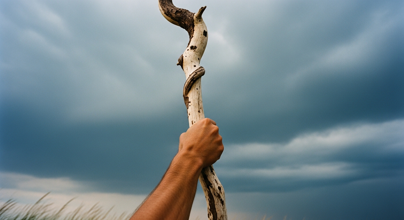 A weathered wooden staff raised in a strong hand against heavy storm clouds, capturing the obedience and faith in motion when God commands believers forward