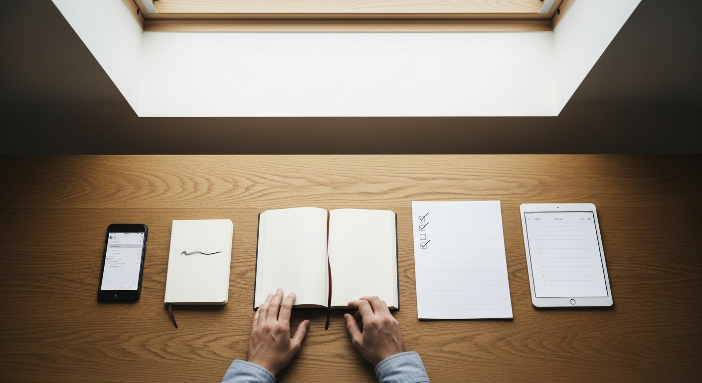 Five faith journaling methods displayed together on a table including voice recorder app, one-sentence notebook, annotated Bible, and prayer list