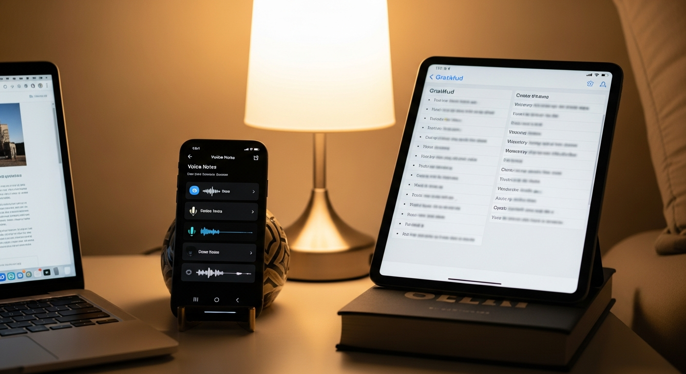 Digital faith journaling tools including smartphone voice notes, tablet with gratitude list, and laptop with saved scripture reflections for spiritual practice