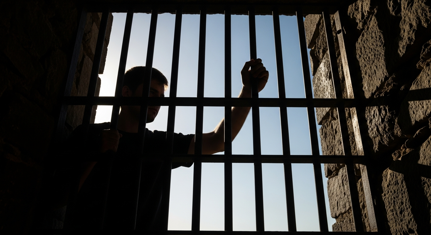 Silhouette pointing through iron prison bars toward a pale dawn sky outside a dark stone cell, capturing John the Baptist's faithfulness and the cost of speaking truth