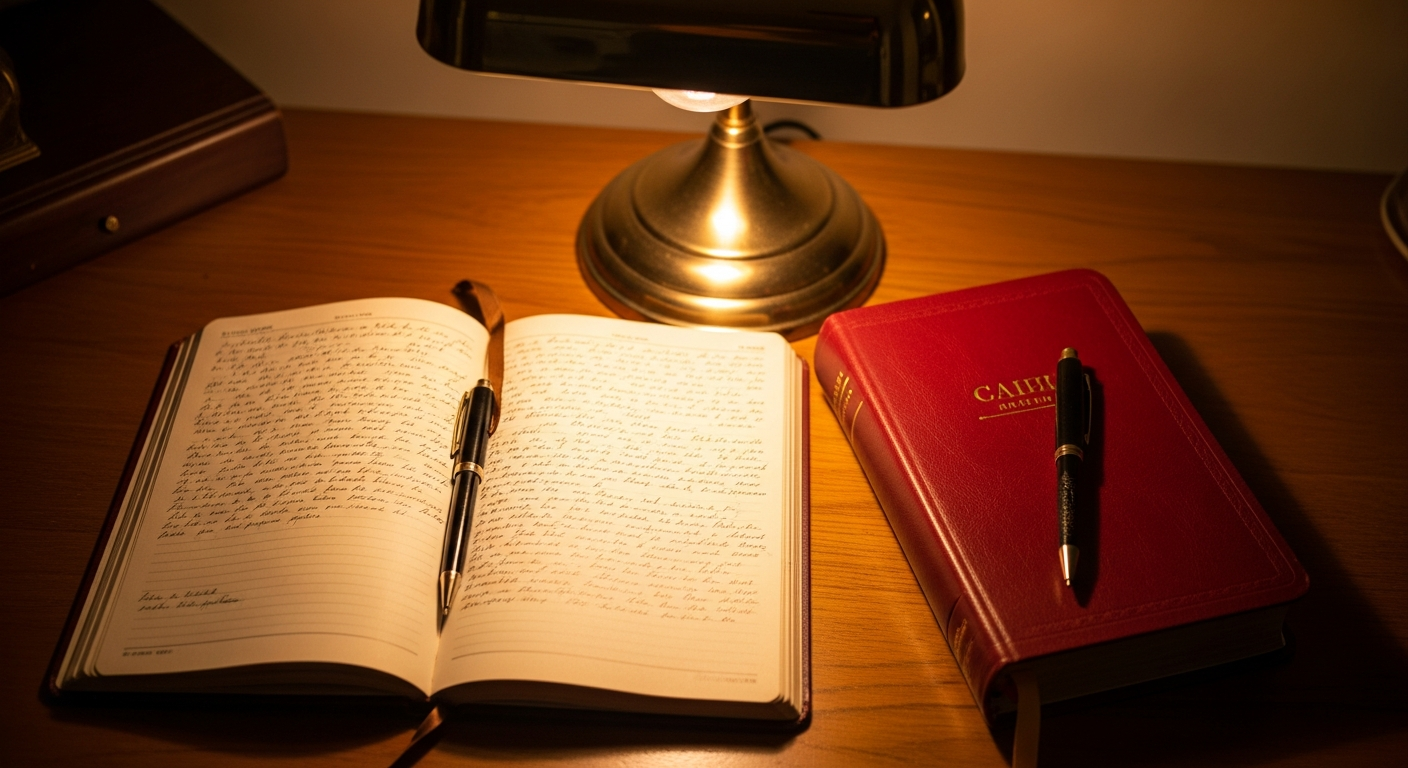 Open journal filled with handwritten prayers and notes alongside a Bible, showing the practice of recording God's faithfulness over many seasons