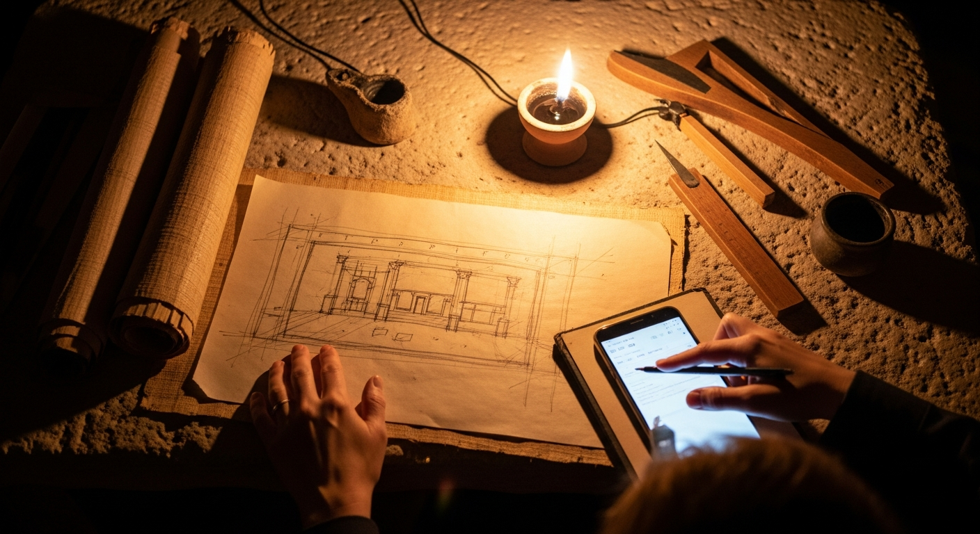 Papyrus scrolls and architectural plans on a stone surface by candlelight, favour used to rebuild Jerusalem and protect God's people in faith
