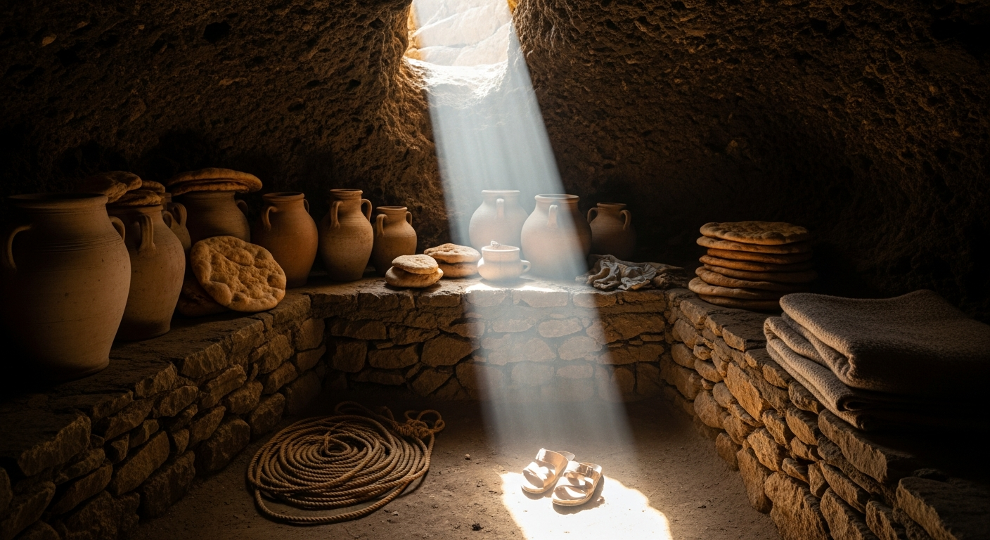 Hidden cave with provisions for sheltered prophets in ancient Israel, faith story of risking position to rescue the vulnerable