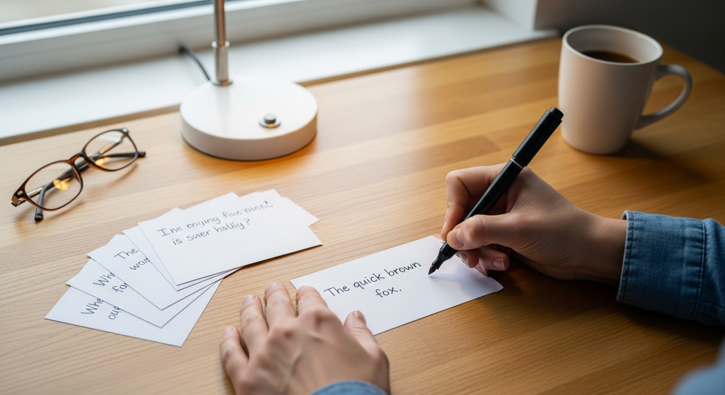 Person writing Bible verses about courage on index cards at a bright desk, building a practical habit of memorizing Scripture to overcome fear