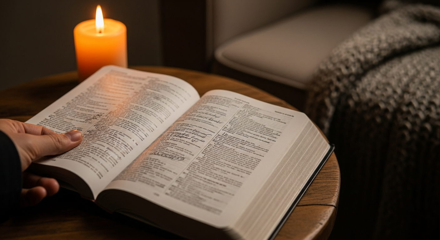 Open Bible on a wooden table with warm candlelight showing highlighted Scripture passages about overcoming fear and finding courage in God's promises