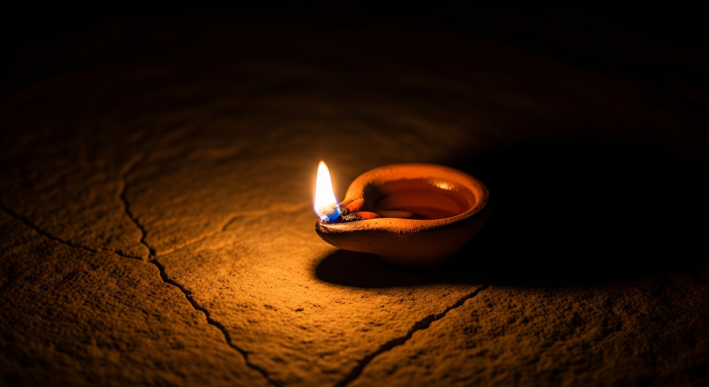 A single clay oil lamp burning fiercely in deep darkness, capturing the secret weapon of joy and endurance that sustains faith through pressure and trials