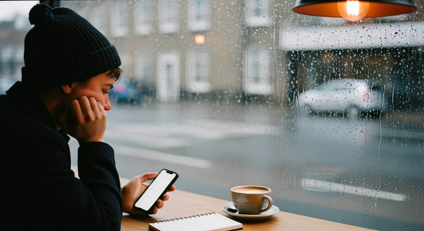 A person reading testimony on their phone in a rainy cafe, finding encouragement from The Grace Record that speaks directly to their season of faith