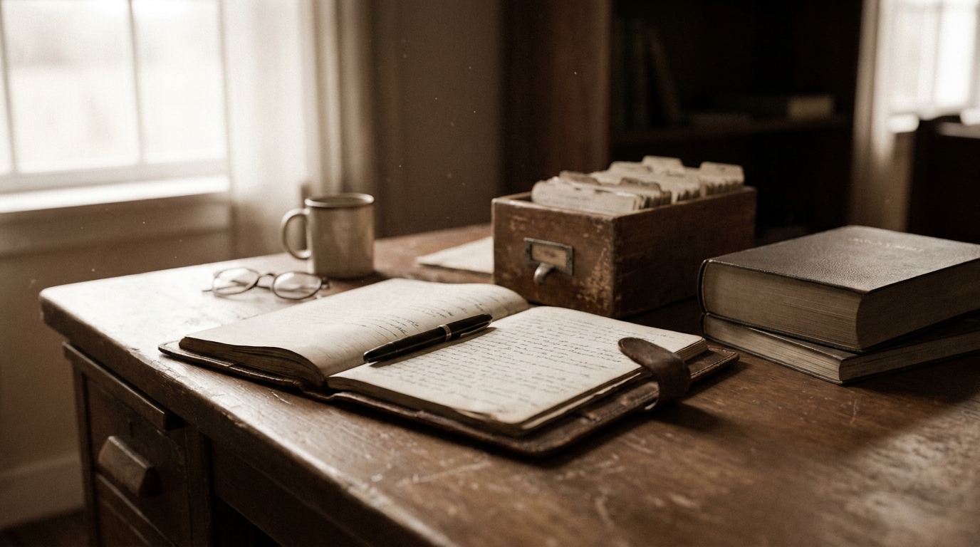 A church office desk with an open notebook, a fountain pen and a plain card index box in soft morning window light, documentary still life