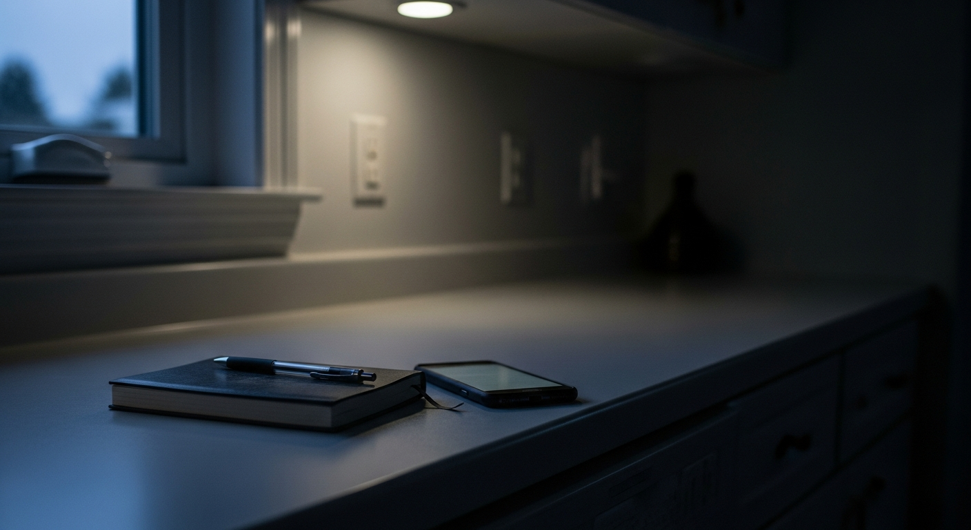 A dusty closed journal beside a glowing phone on a dim kitchen counter at dusk, capturing the quiet fade of forgetting God's promises and prophecies