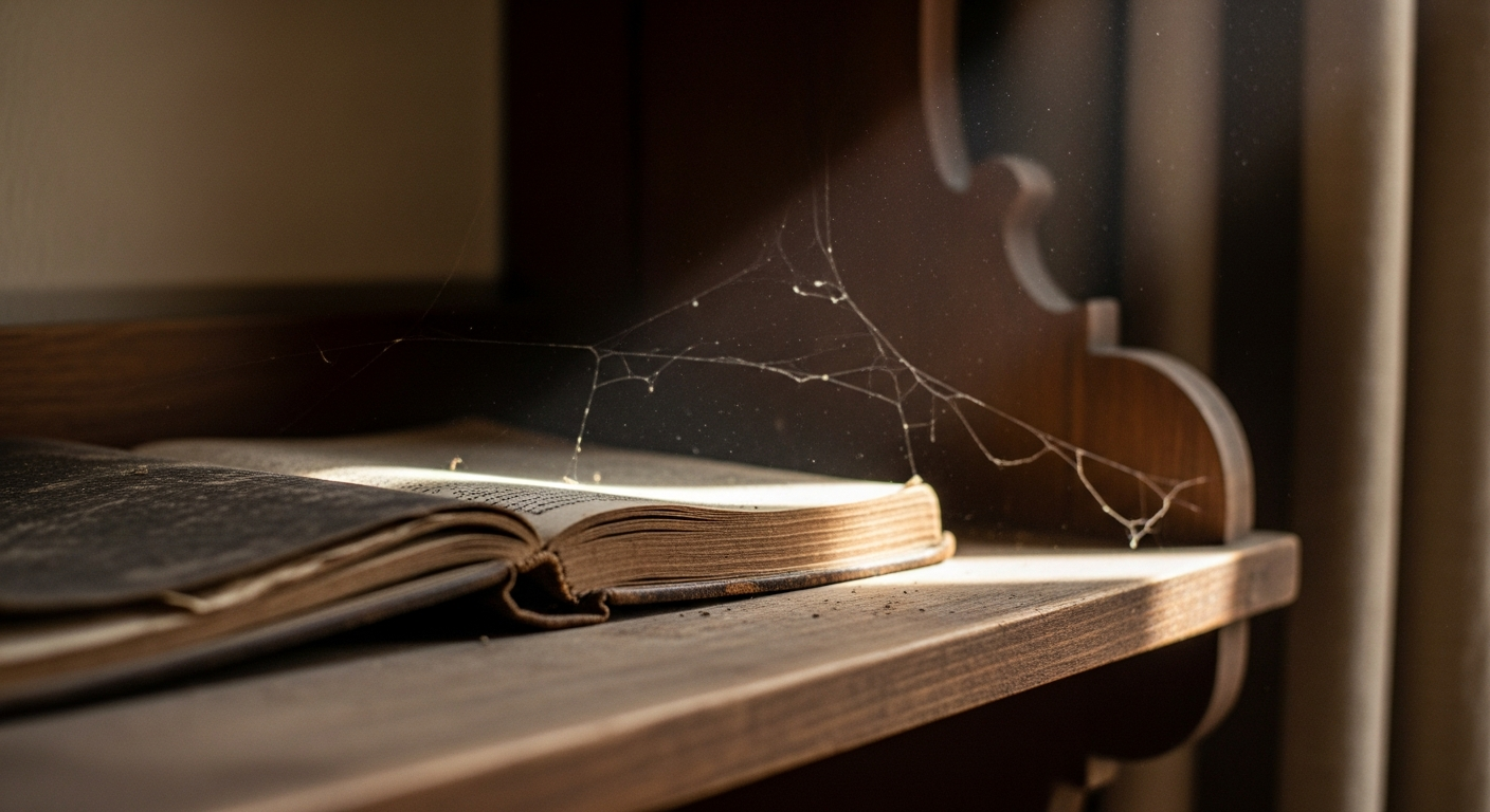Dusty open leather journal with faded handwriting on a wooden shelf in dim light, showing how believers easily forget God's wonders as time blurs faith details