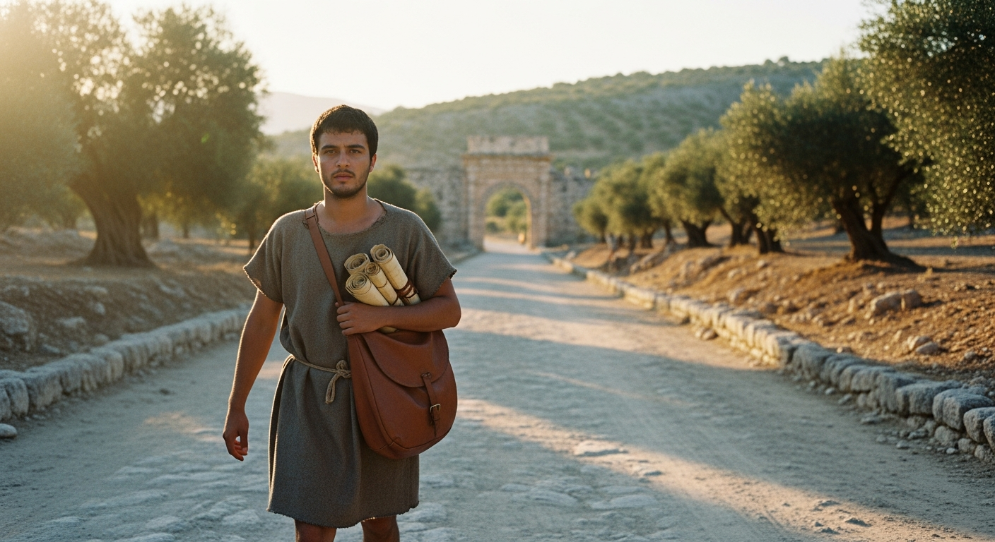 A young church leader walks a dusty Roman road at dawn carrying scrolls, embodying the prophetic courage and perseverance of Timothy's founding fire
