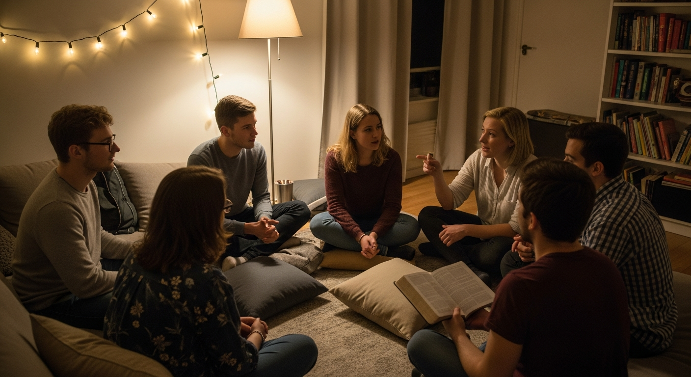 Gen Z believers discussing Scripture in a small apartment gathering that values honesty and genuine spiritual community over polished church performance