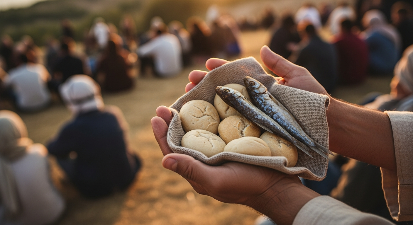 Young hands offering five barley loaves and two fish on the Galilean hillside, an act of spiritual generosity and faith practice that fed thousands