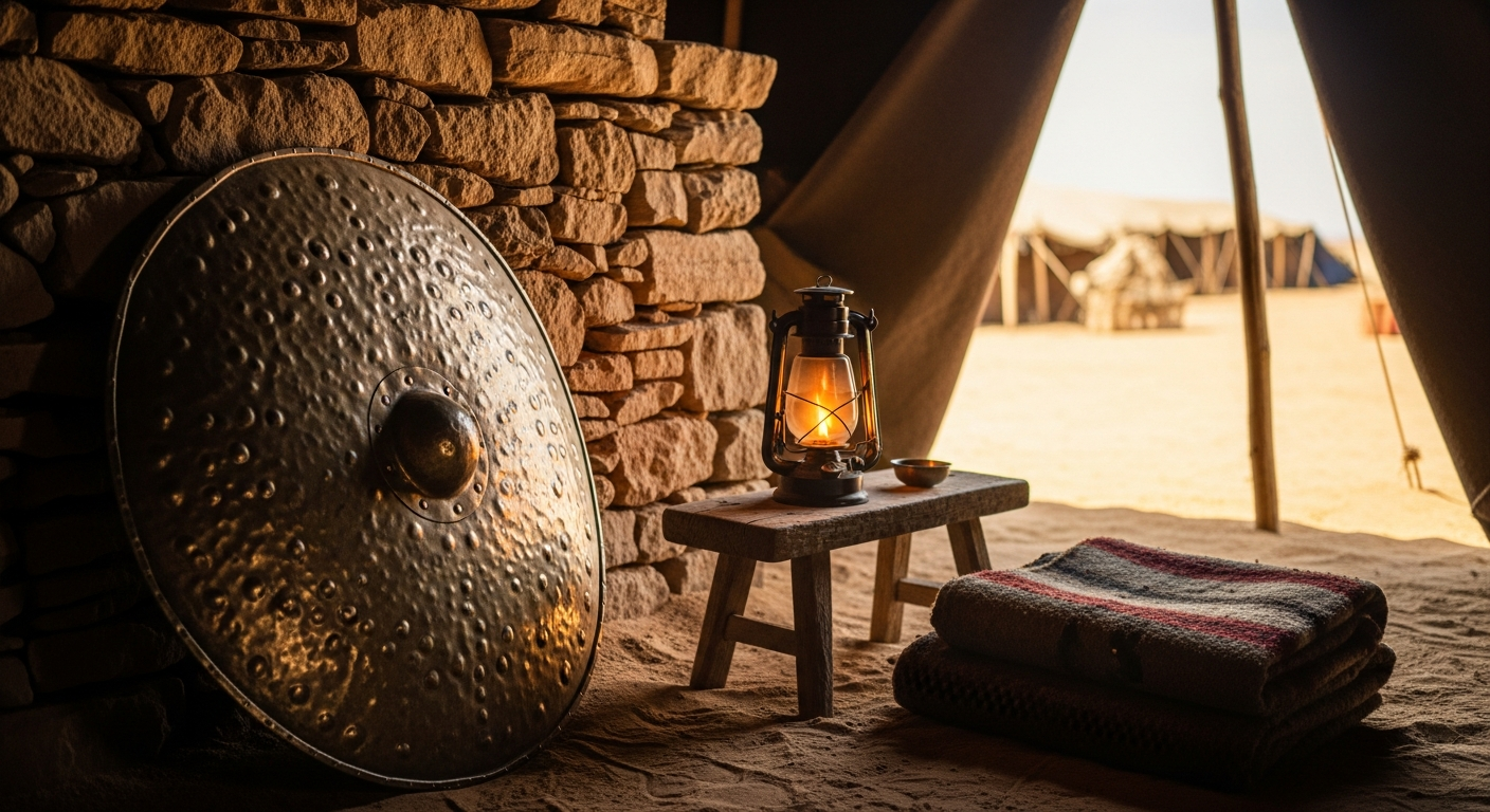 Bronze shield leaning against a stone wall inside a dim tent lit by an oil lamp in the desert, illustrating God declaring Himself as shield and reward to believers in faith
