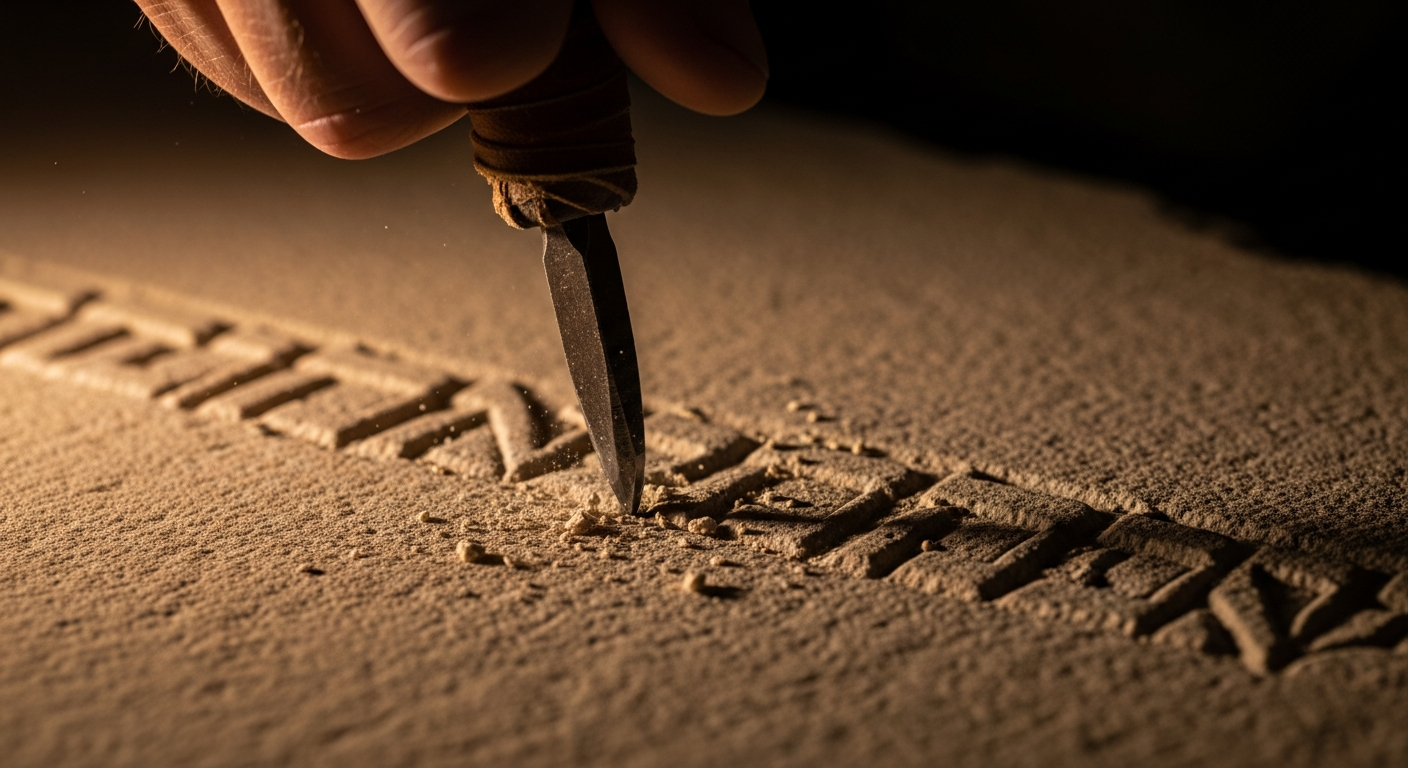 An iron chisel carving a name into limestone by oil lamplight, capturing the moment God renames identity and breaks the cycle of fear and self-doubt