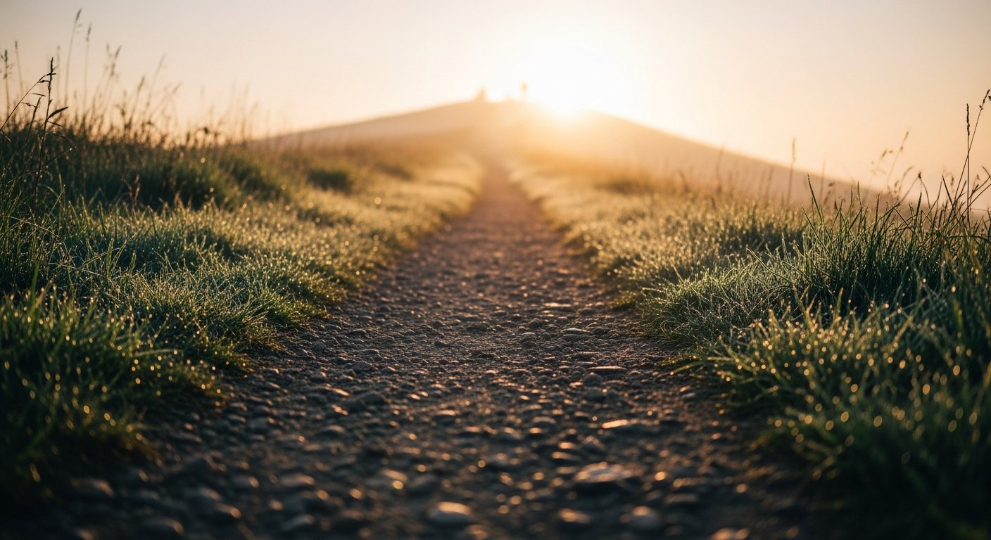 Worn dirt trail winding upward through morning mist toward a bright distant summit at dawn, representing the long race of perseverance and the promise that God will finish the work he started