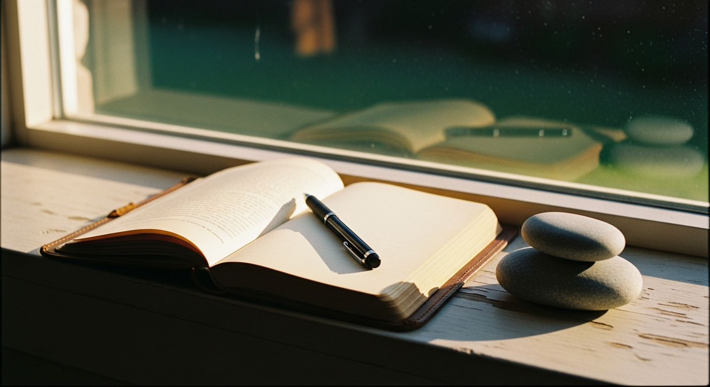 An open worn leather journal with a pen and two smooth stacked stones on a wooden windowsill in warm morning light, representing recording and remembering the words God has spoken so they can be used in the fight of faith