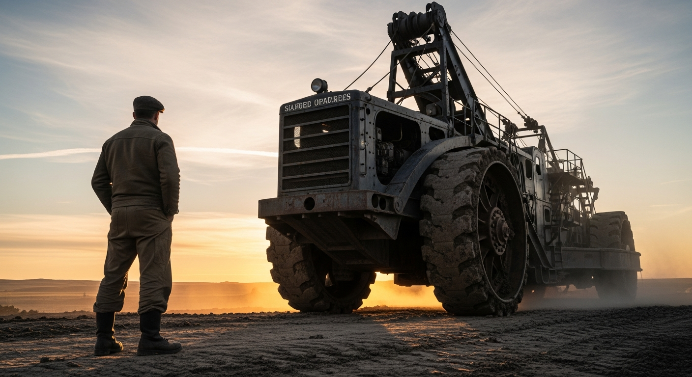 R. G. LeTourneau surveying his earth-moving machinery at dawn on a 1930s American construction site, embodying faith testimony and business as worship