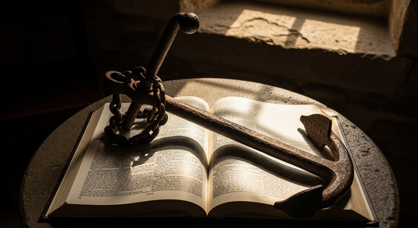 Heavy iron anchor resting on an open Bible page under warm window light on a stone table, showing God's promises as anchors and weapons believers use to fight the good fight