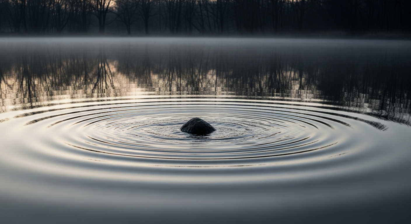 Concentric ripples spreading across a still misty pond at dawn, capturing how God's voice reframes reality and restores stillness amid life's storms