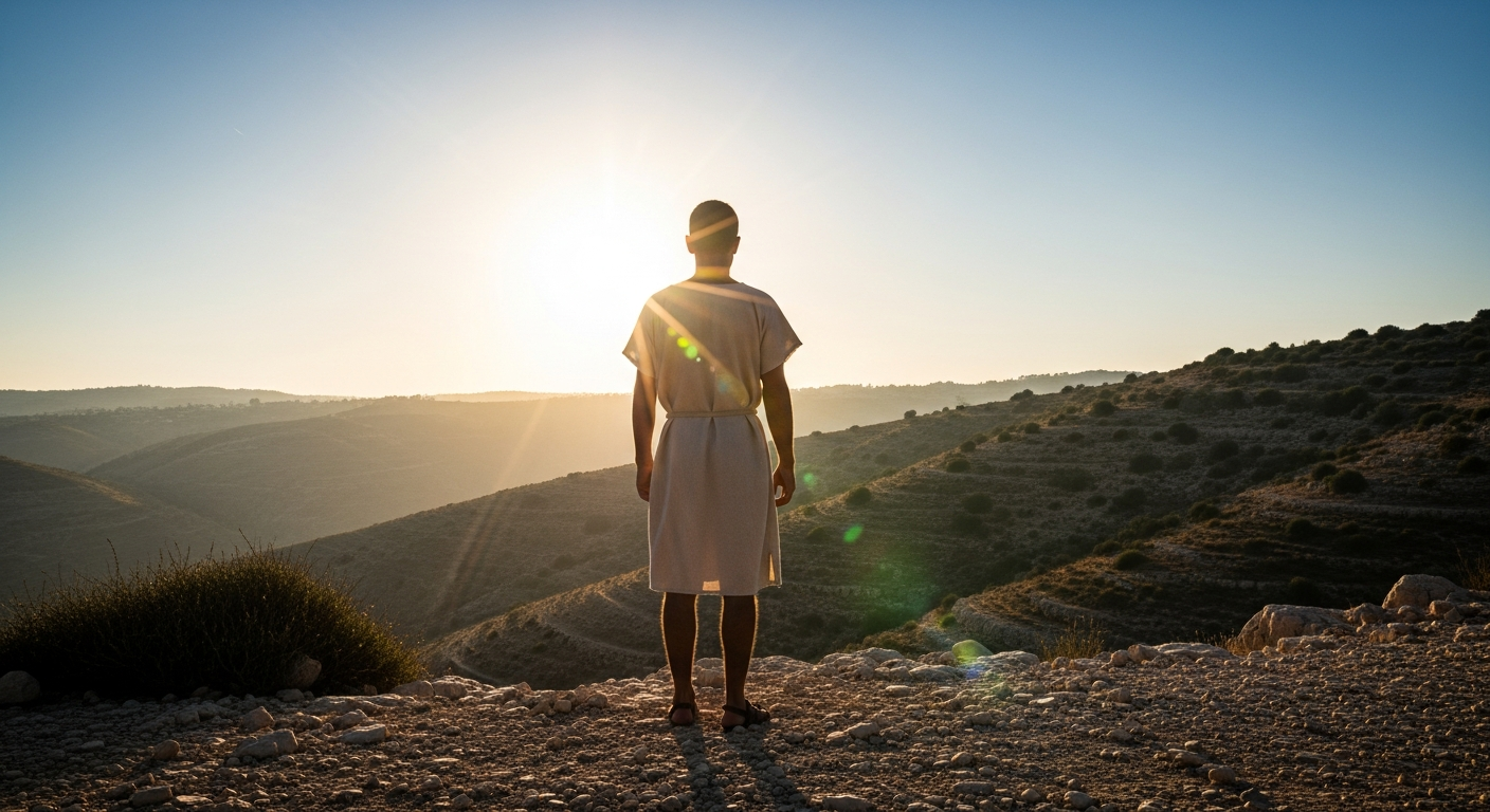 Silhouetted figure standing on a Judean ridge facing brilliant morning sunlight, illustrating how God's words create reality and release courage for believers in faith