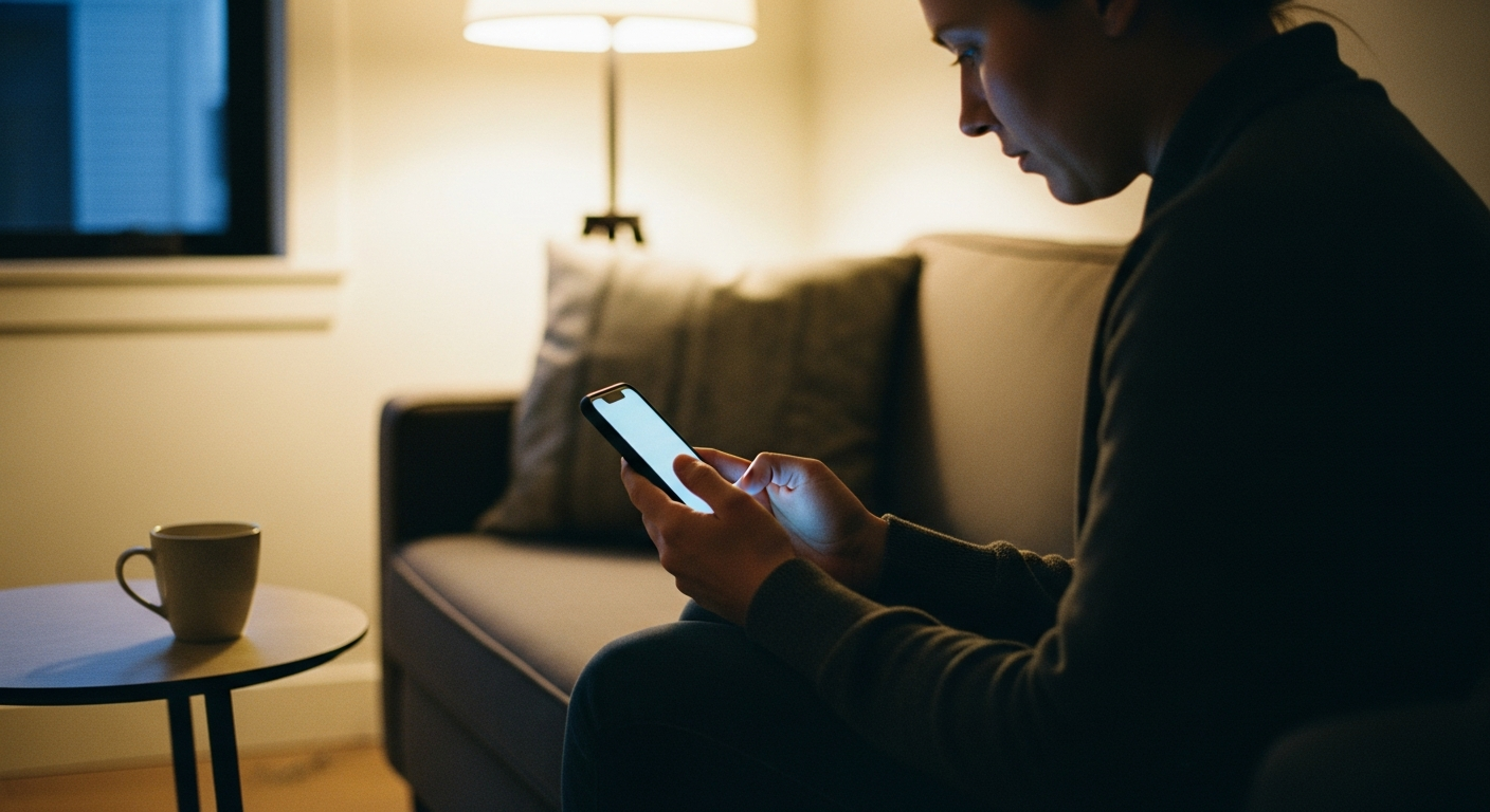 Believer reading curated Grace Record testimonies on a smartphone in a quiet corner, discovering real faith stories and spiritual encouragement
