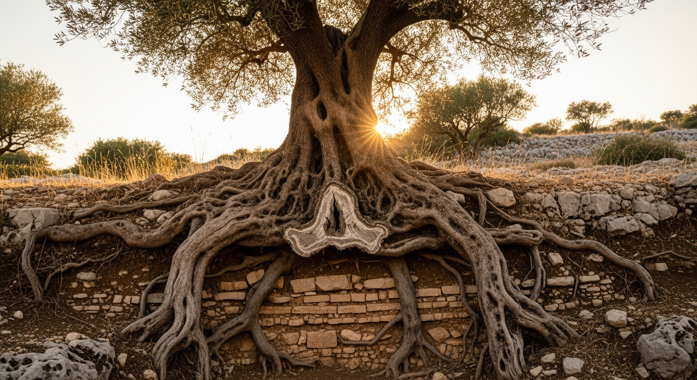 Exposed olive tree roots gripping rocky limestone soil with golden backlit canopy above, illustrating believers needing groundedness to steward spiritual gifts with humility