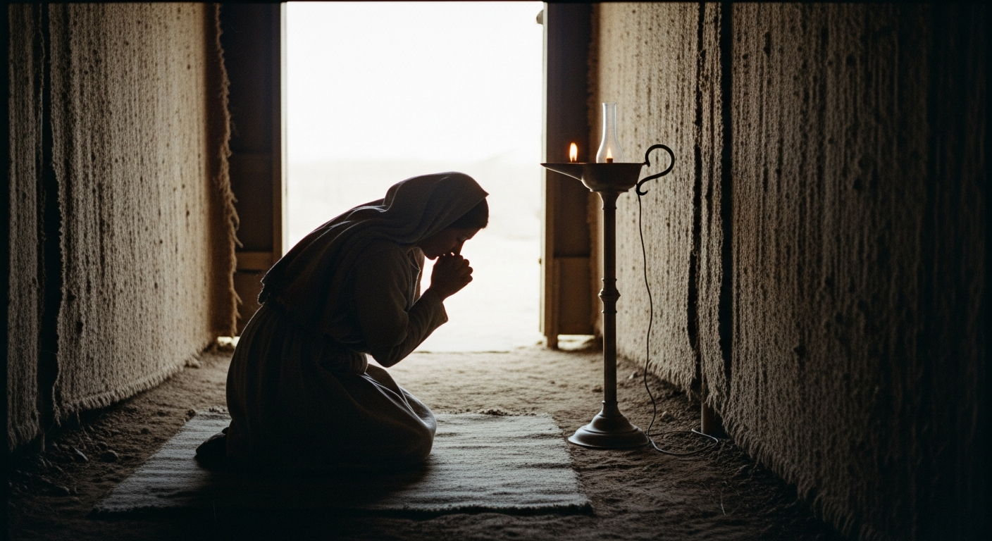 Woman kneeling in prayer at the tabernacle entrance in Shiloh with head bowed and hands clasped, Hannah's raw faith and desperate hope in God