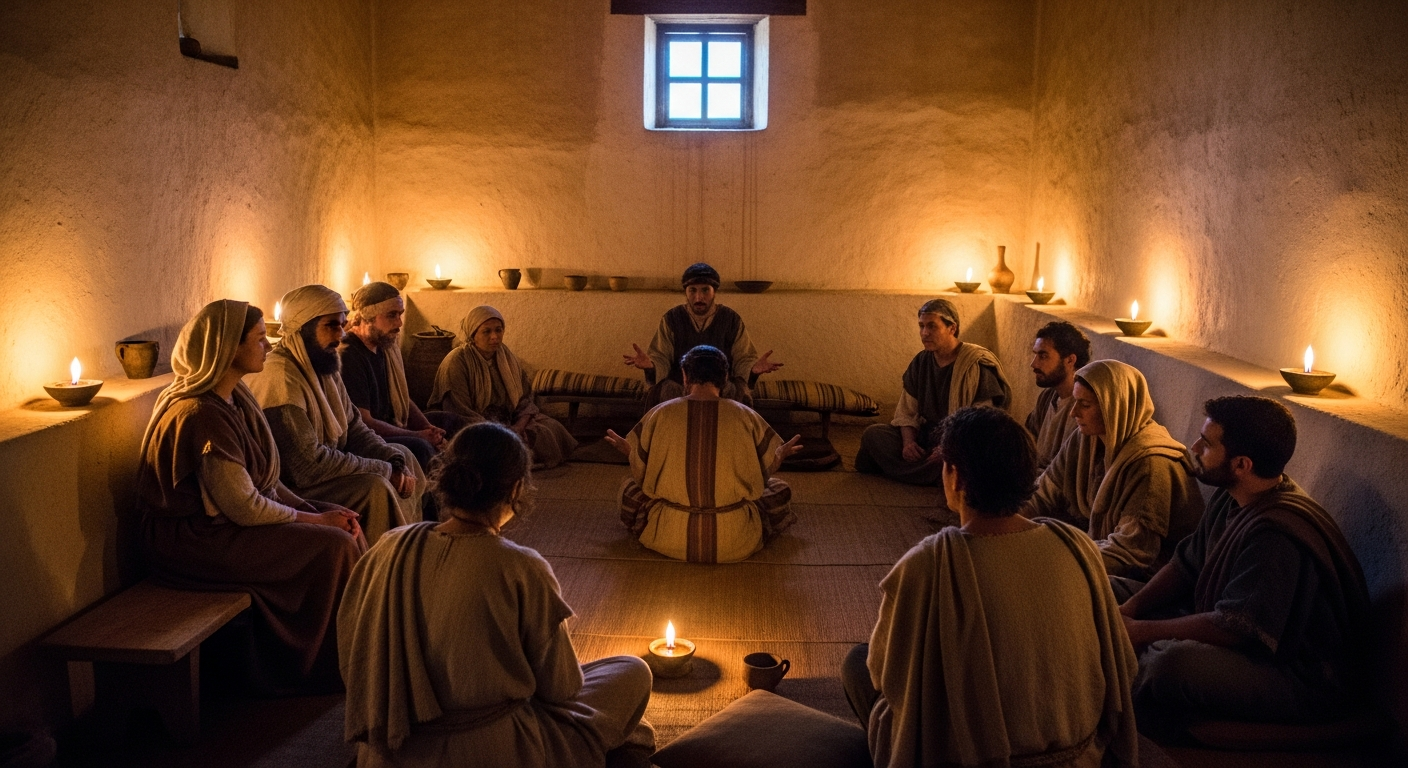 Believers gathered in a first-century Corinthian house church, hearing God speak through prophecy and encouragement, oil lamps lighting the intimate circle