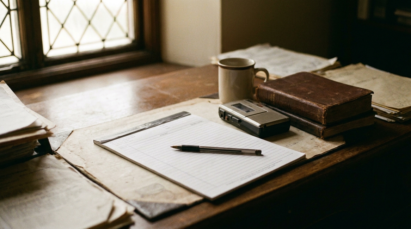 A church office desk with a notepad, a printed one-page template with blank lines, a pen and a small voice recorder in warm afternoon light