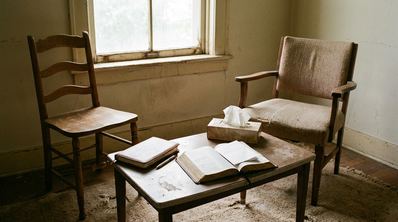Two chairs angled toward each other beside a small table holding a notebook, a pen and an open Bible in a quiet church meeting room, soft window light