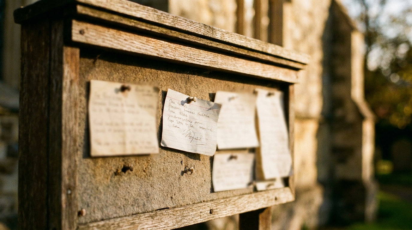 A church noticeboard with a hand-lettered card pinned among old ones, warm afternoon light through a side window
