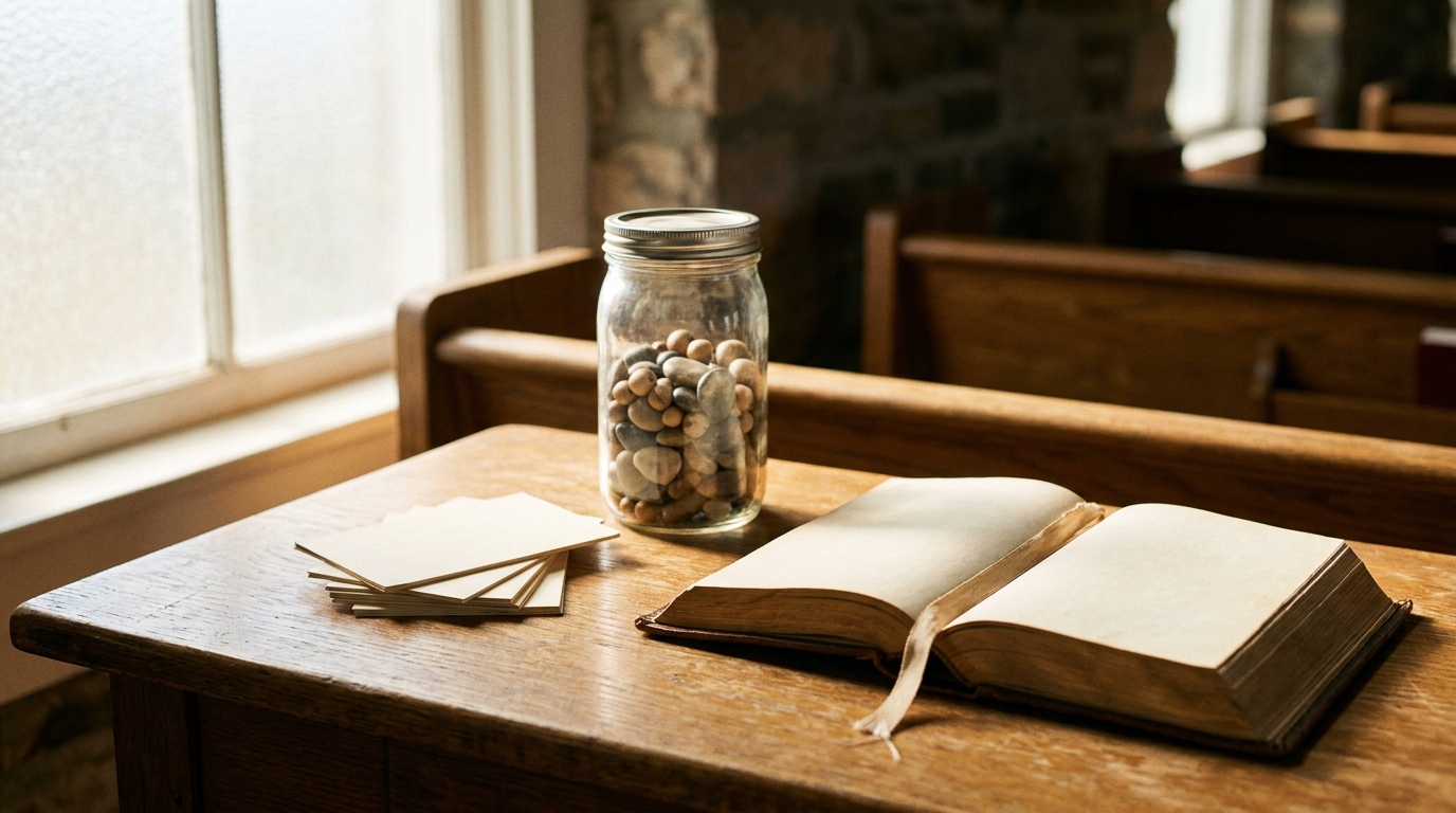 A church foyer table holding a stack of take-home family cards, a small jar of smooth stones and an open Bible in warm window light, documentary still life